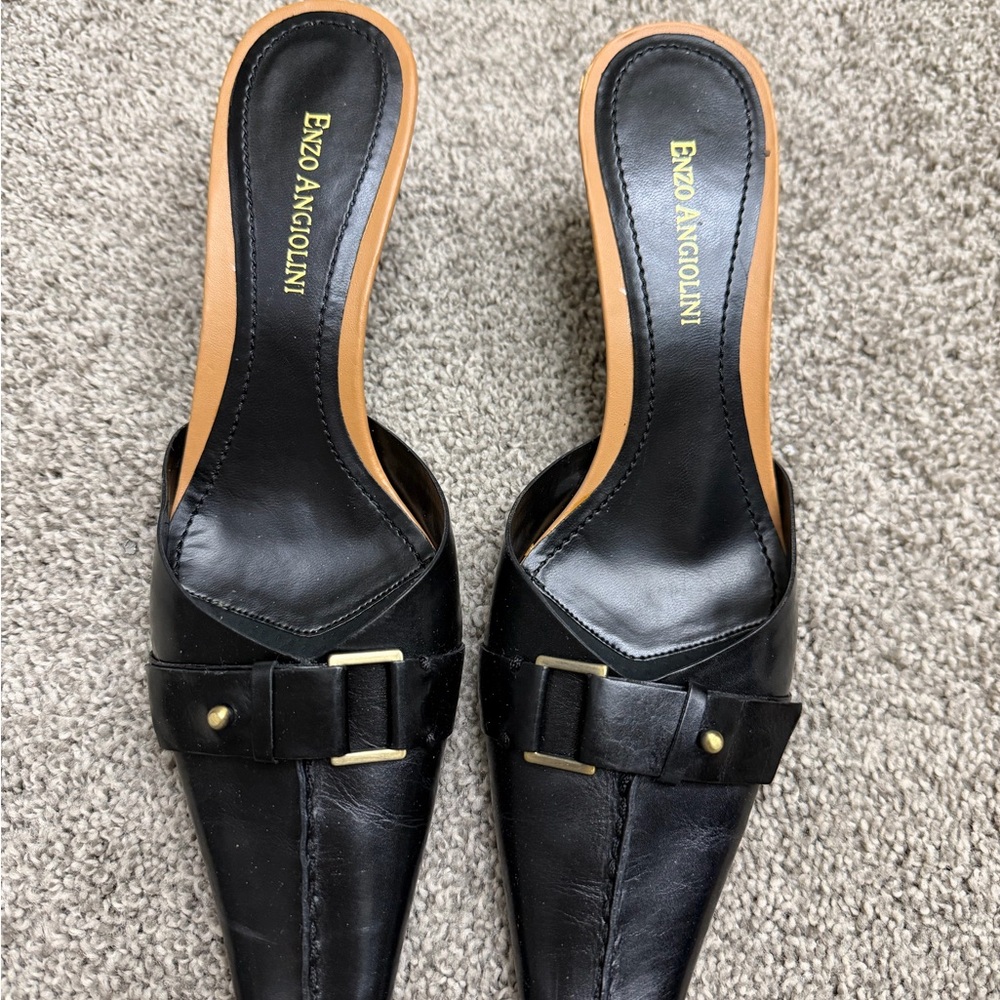 Enzo Angiolini Black Leather Mules Narrow